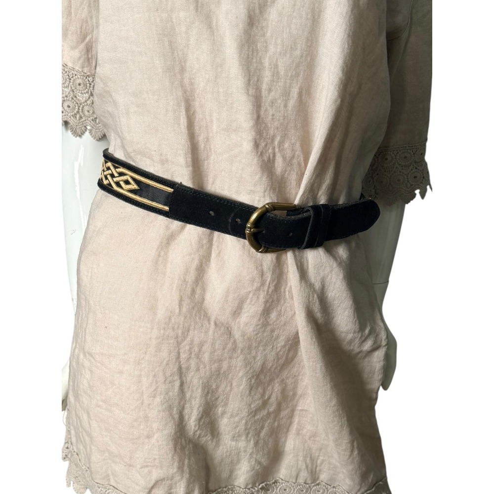 Vtg Banana Republic Black Leather Gold‎ Embroidered Celtic Knot Belt 30 741094